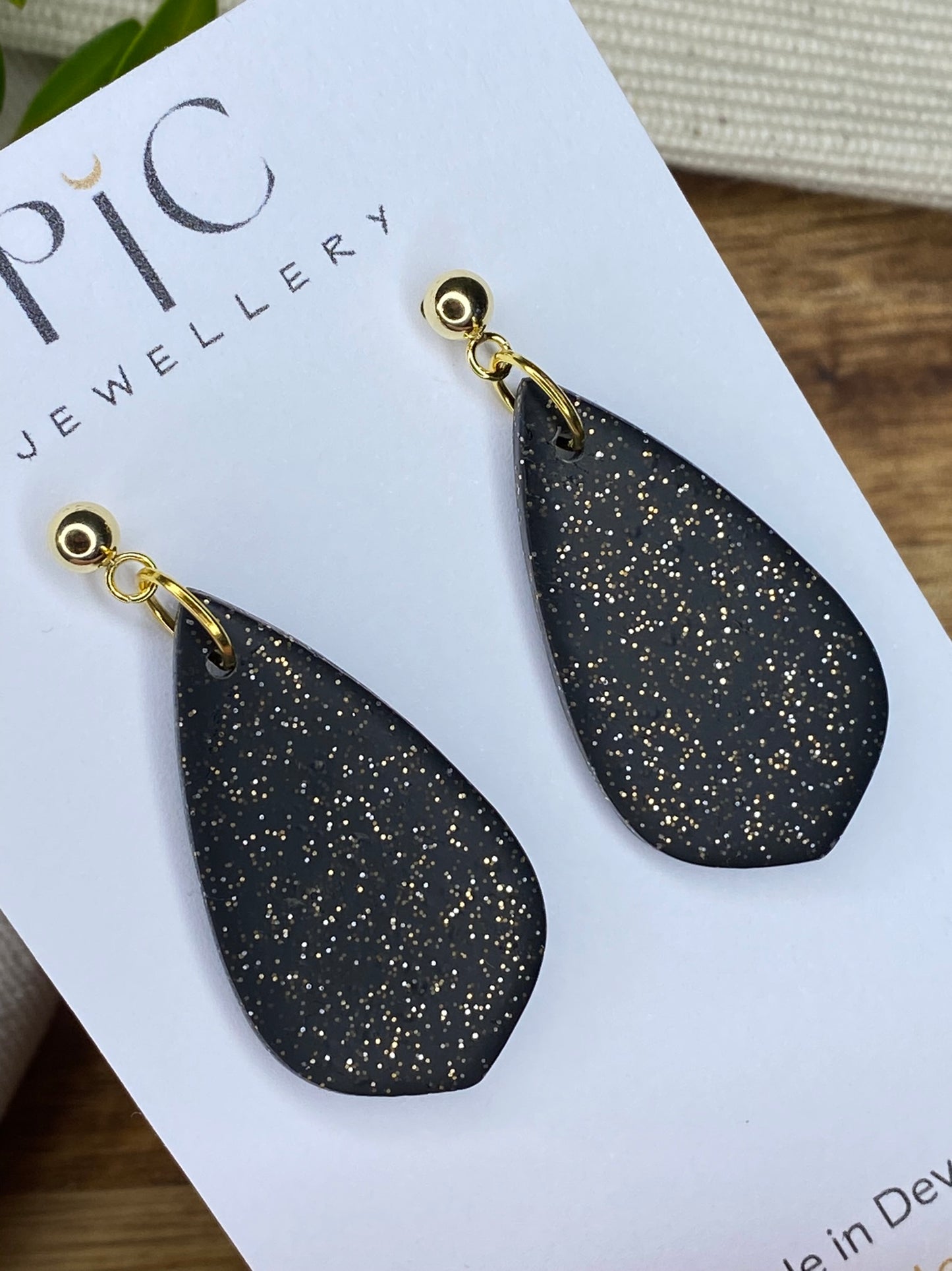 Medium dangles - black with gold glitter teardrops