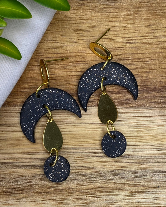 Statement dangles - black and gold glitter moons with gold metal teardrop