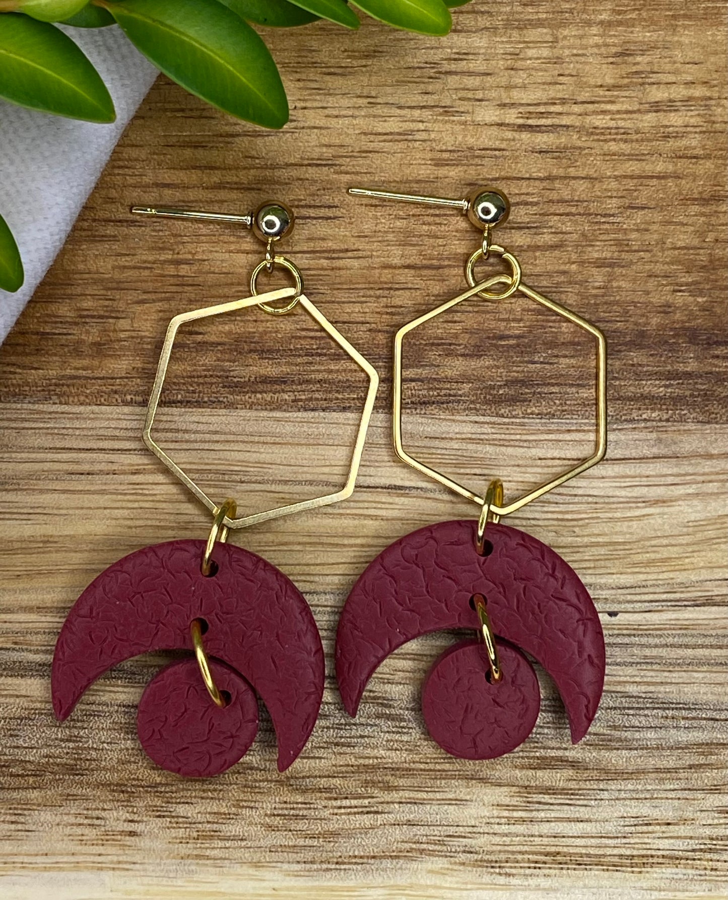 Statement dangles - textured burgundy crescent moons and circles with gold hexagon