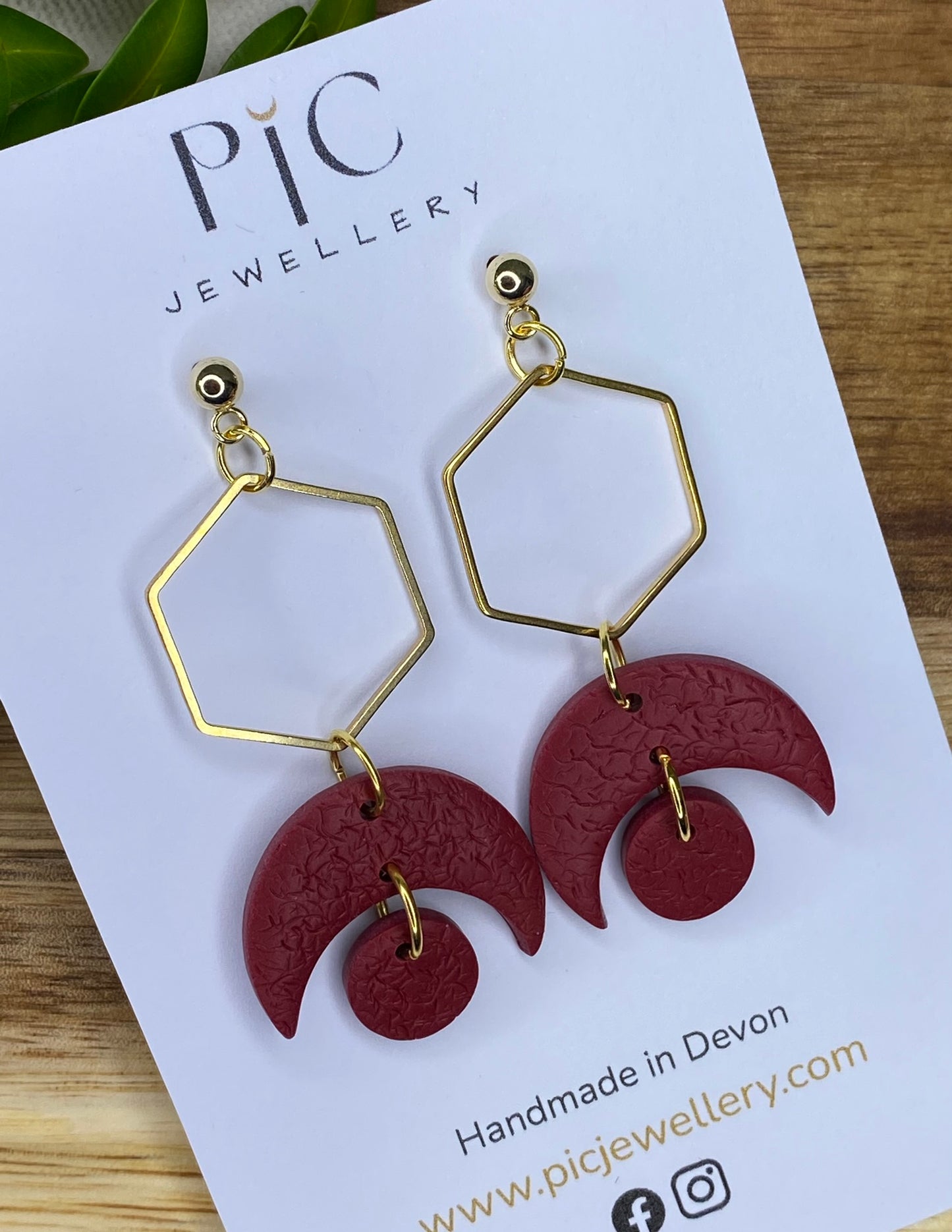 Statement dangles - textured burgundy crescent moons and circles with gold hexagon