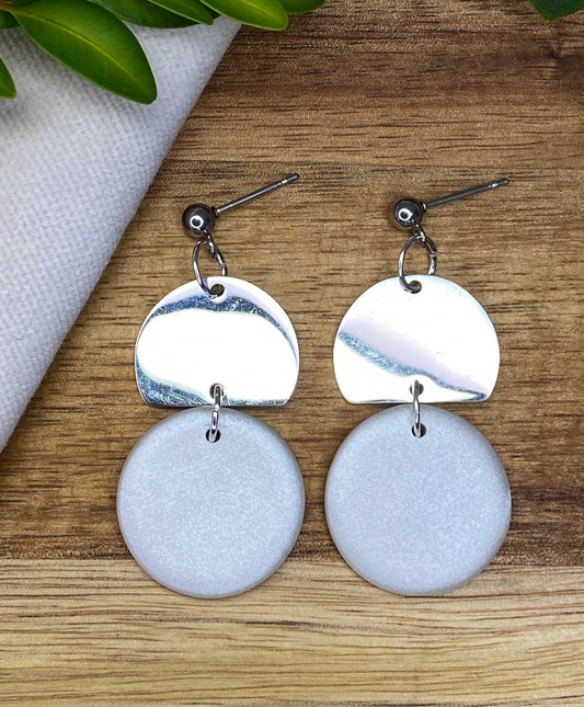 Statement dangles - pearlescent circles with stainless steel metal circle segment