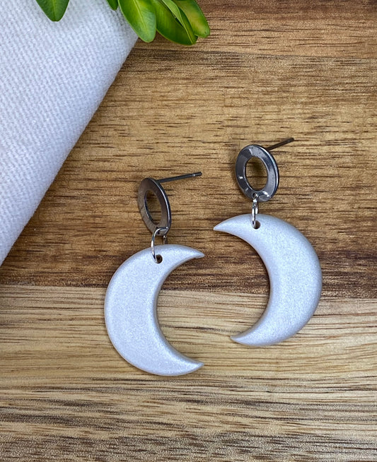 Medium dangles - pearlescent crescent moons with open oval stud