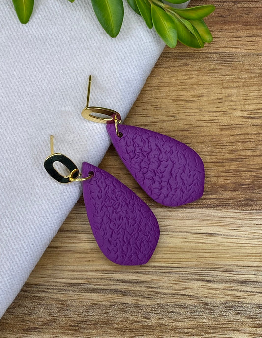 Medium dangles - textured purple teardrops on gold open oval studs