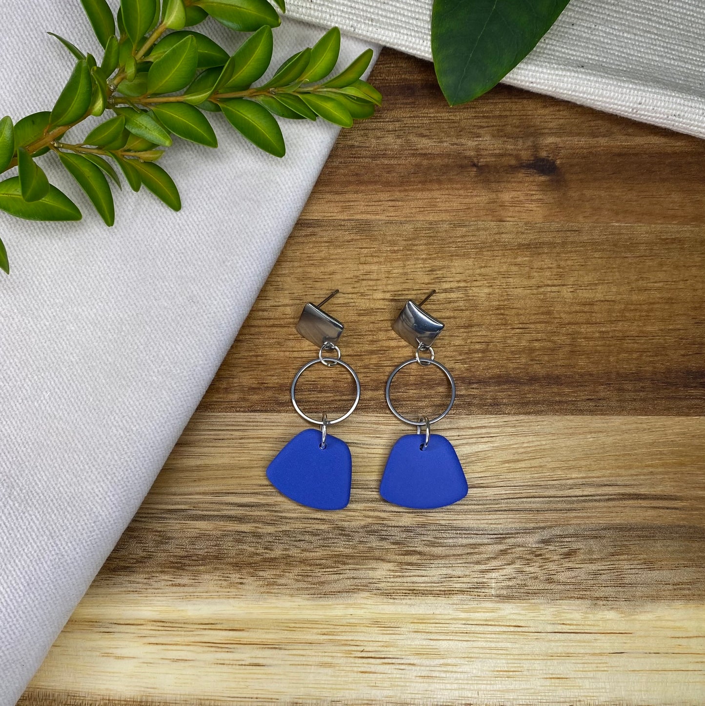 Statement dangles - cornflower blue rounded trapezium and silver circle