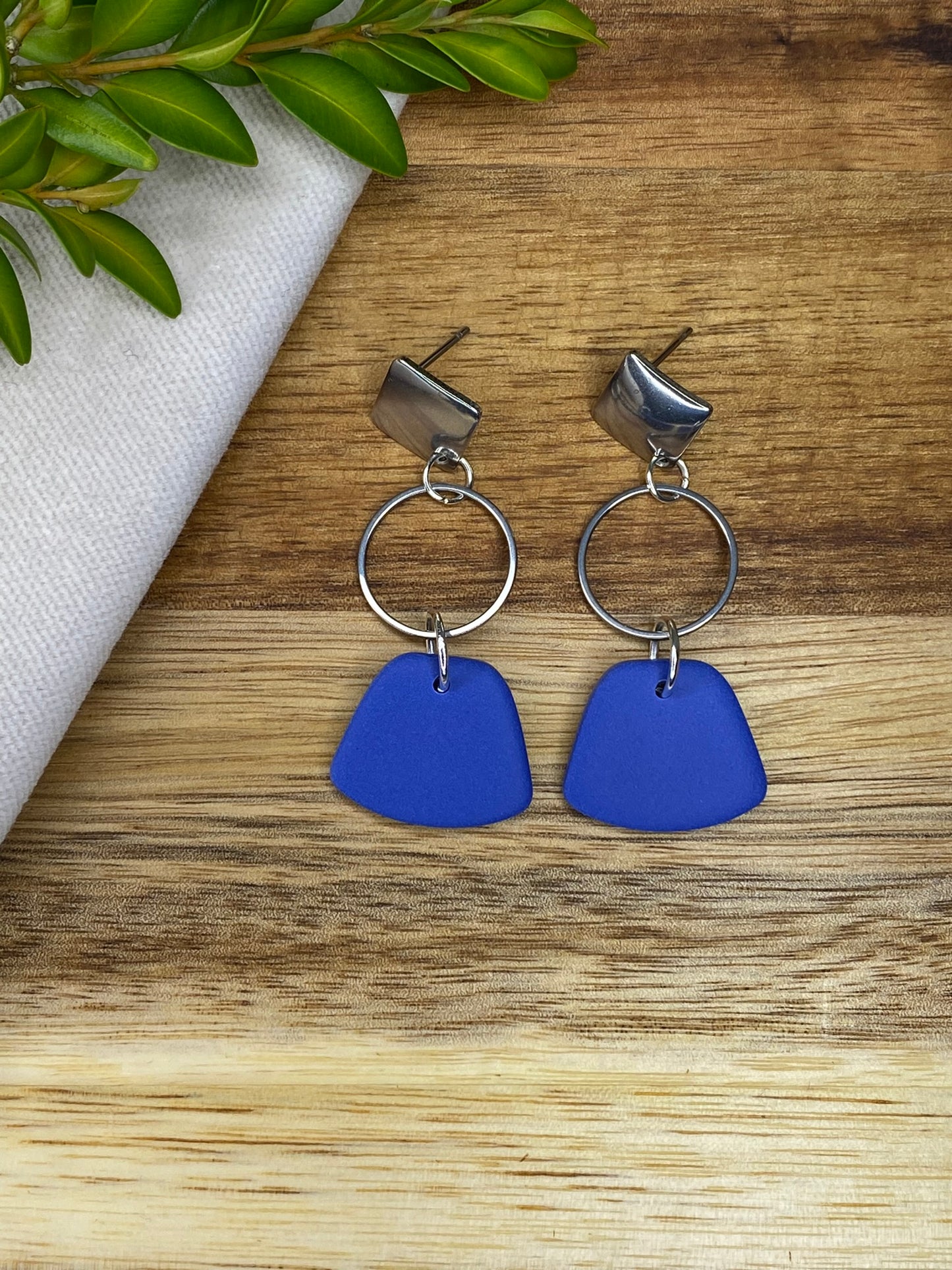 Statement dangles - cornflower blue rounded trapezium and silver circle