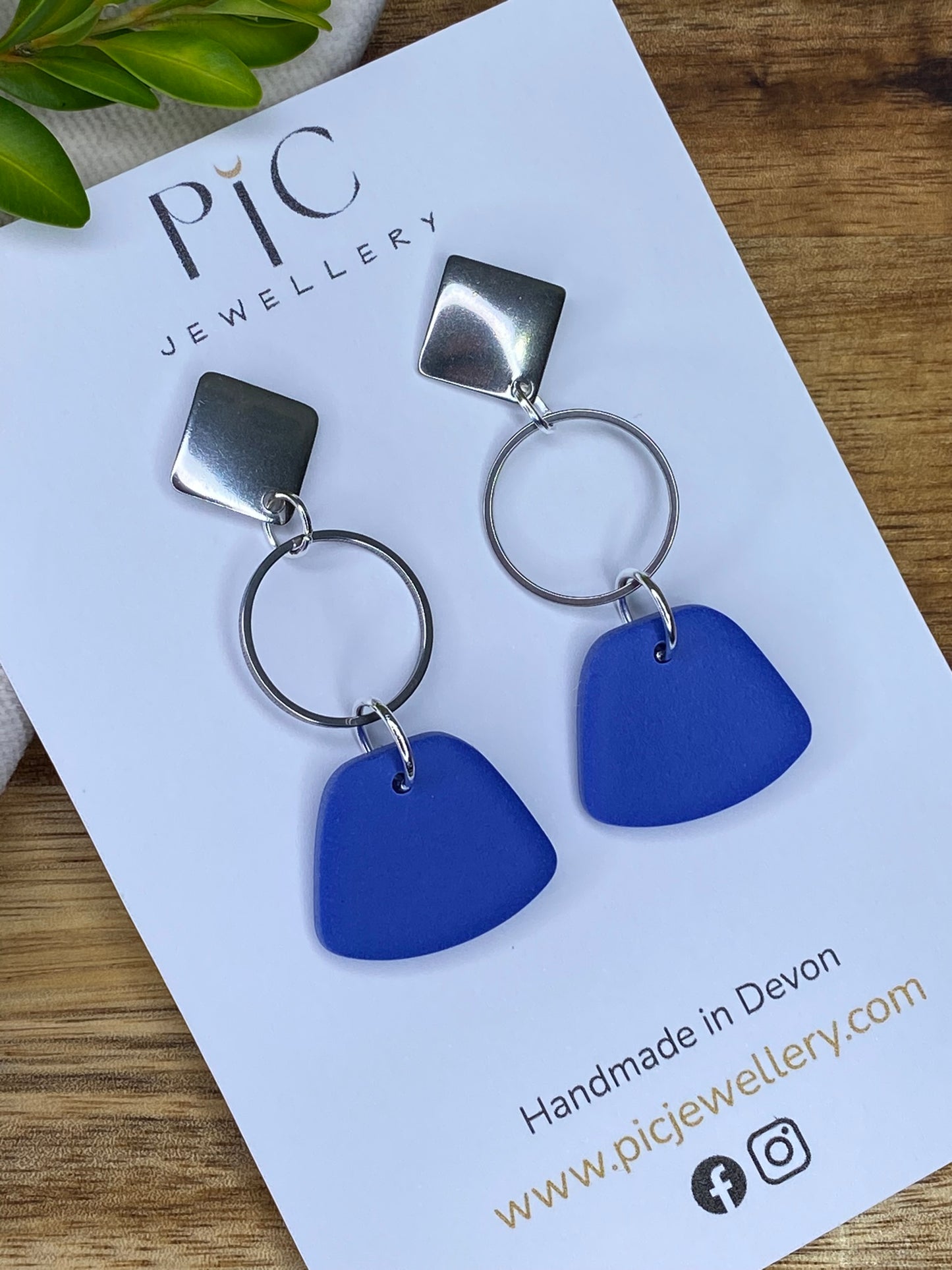 Statement dangles - cornflower blue rounded trapezium and silver circle