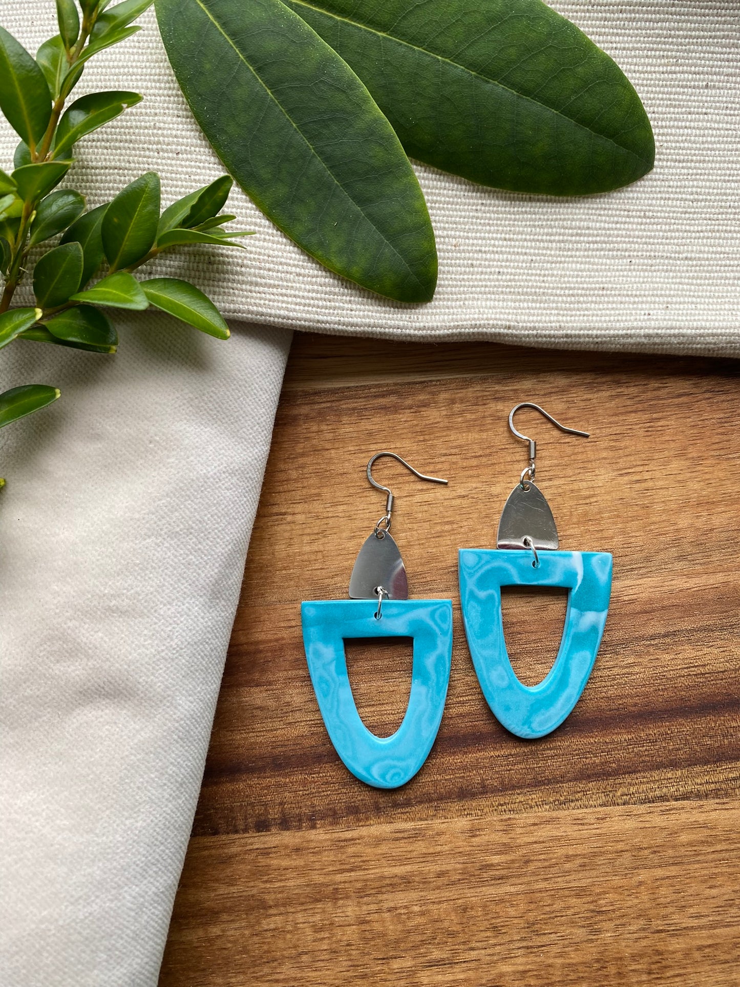 Statement dangles - teal arches with stainless steel metal arch