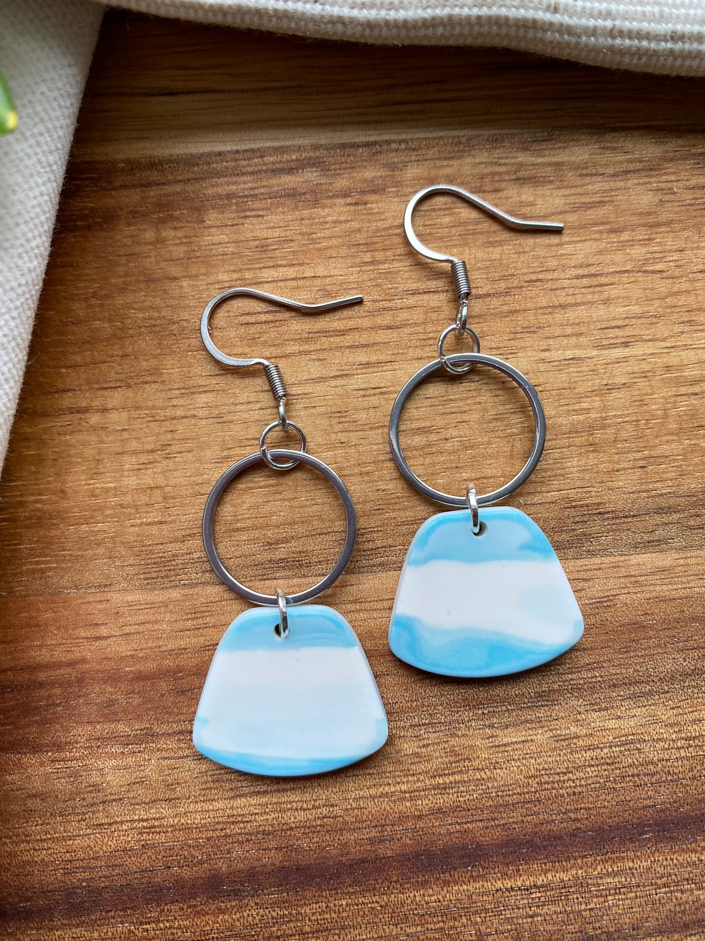 Statement dangles - teal and white rounded trapezium and silver circle