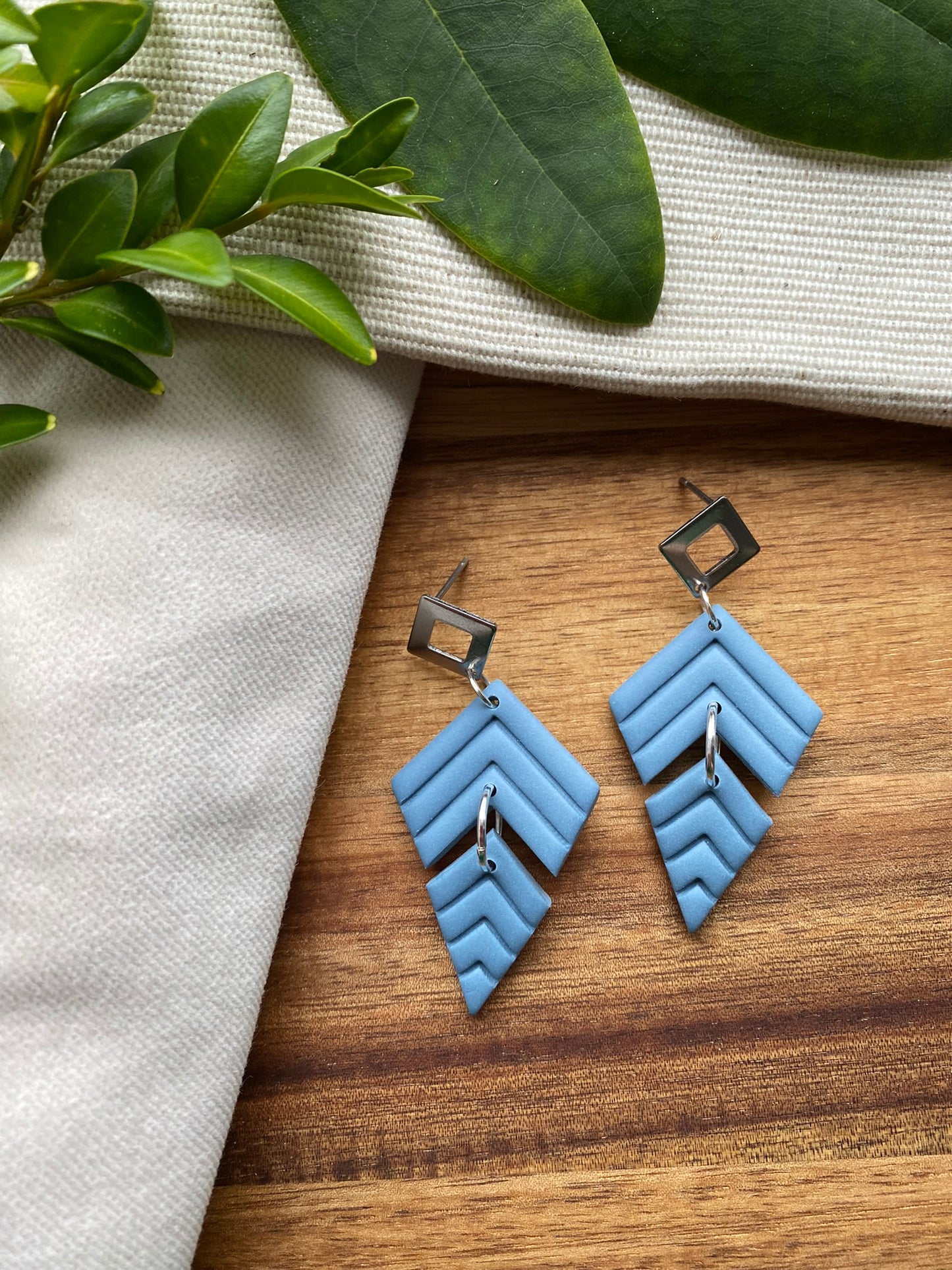 Statement dangles - denim blue chevron embossed split kite