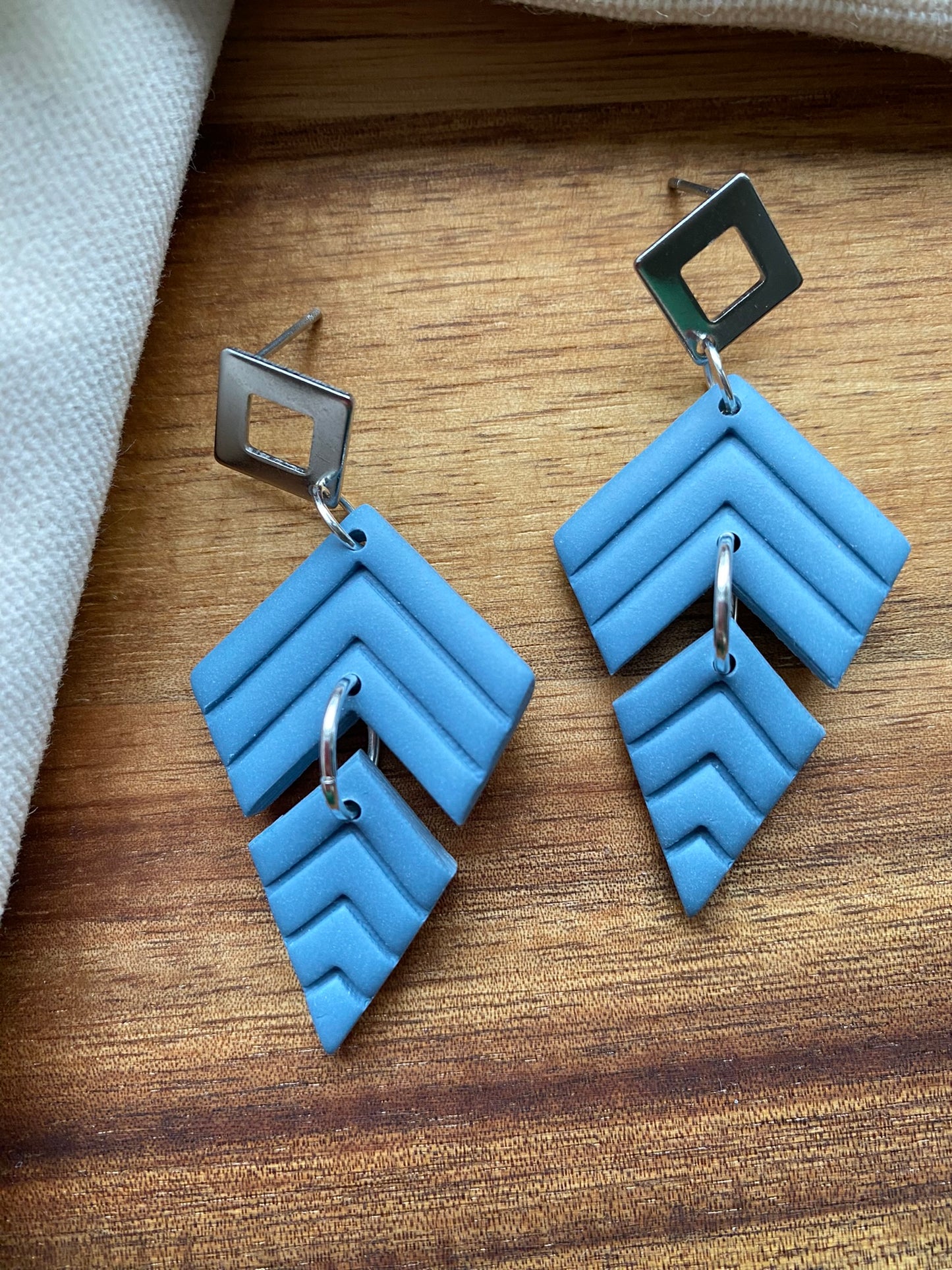 Statement dangles - denim blue chevron embossed split kite