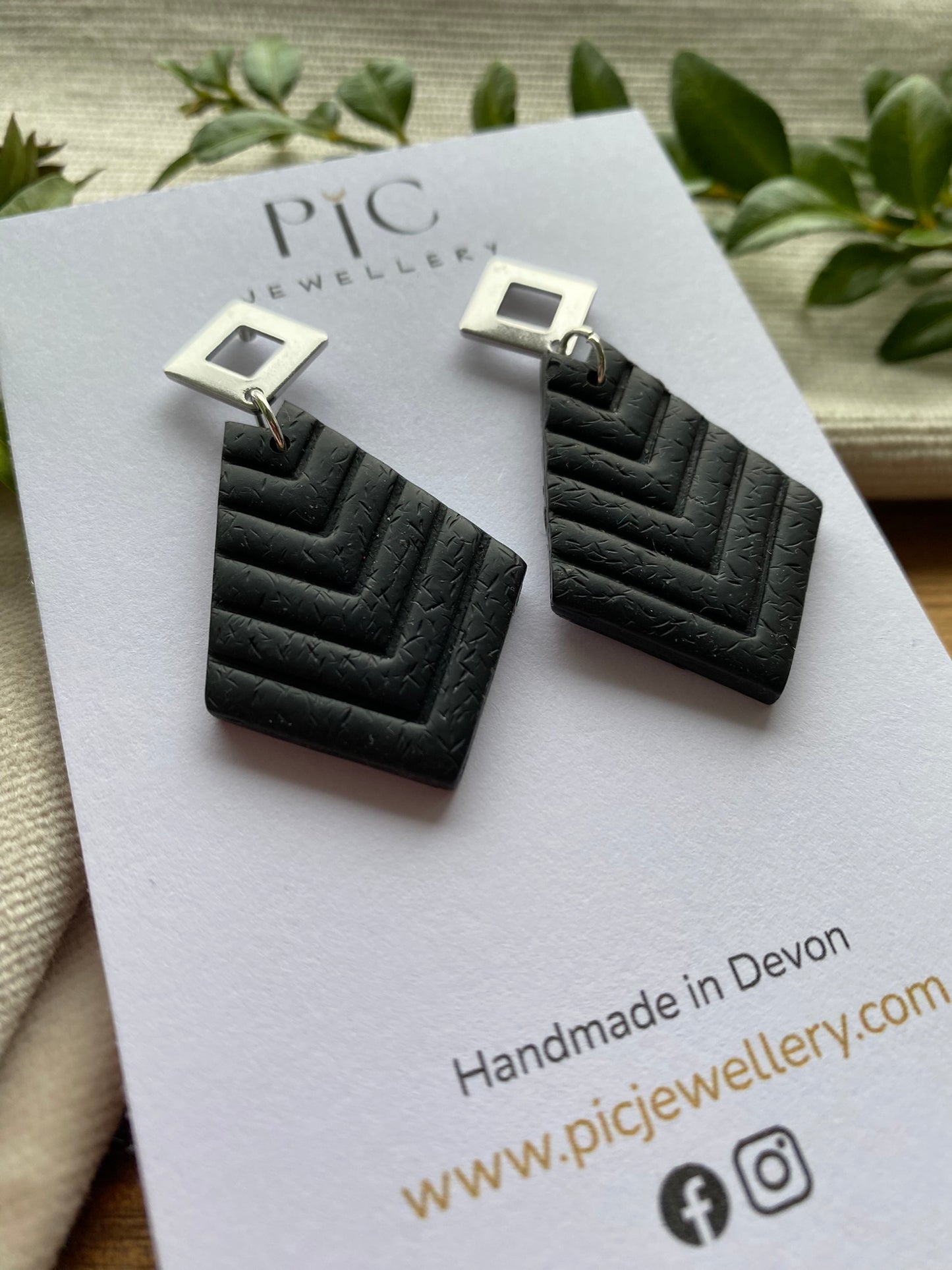 Medium dangles - black chevron embossed diamond