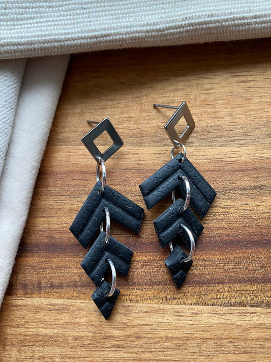 Statement dangles - black chevron embossed triple split kite