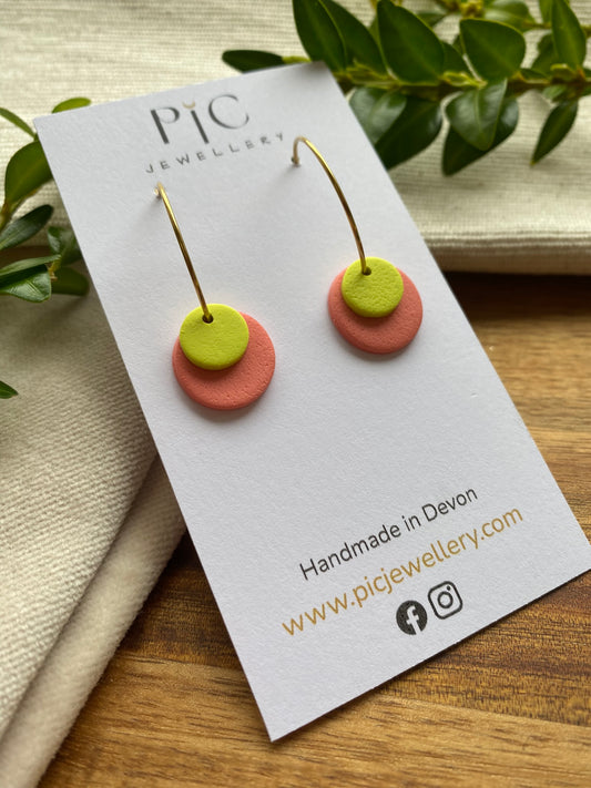 Hoops - double dots - lime and coral on gold hoops