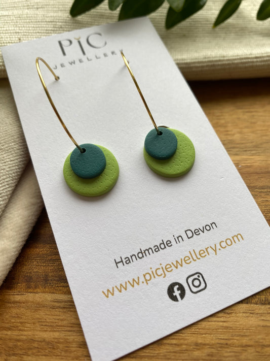 Hoops - double dots - green tones on gold hoops