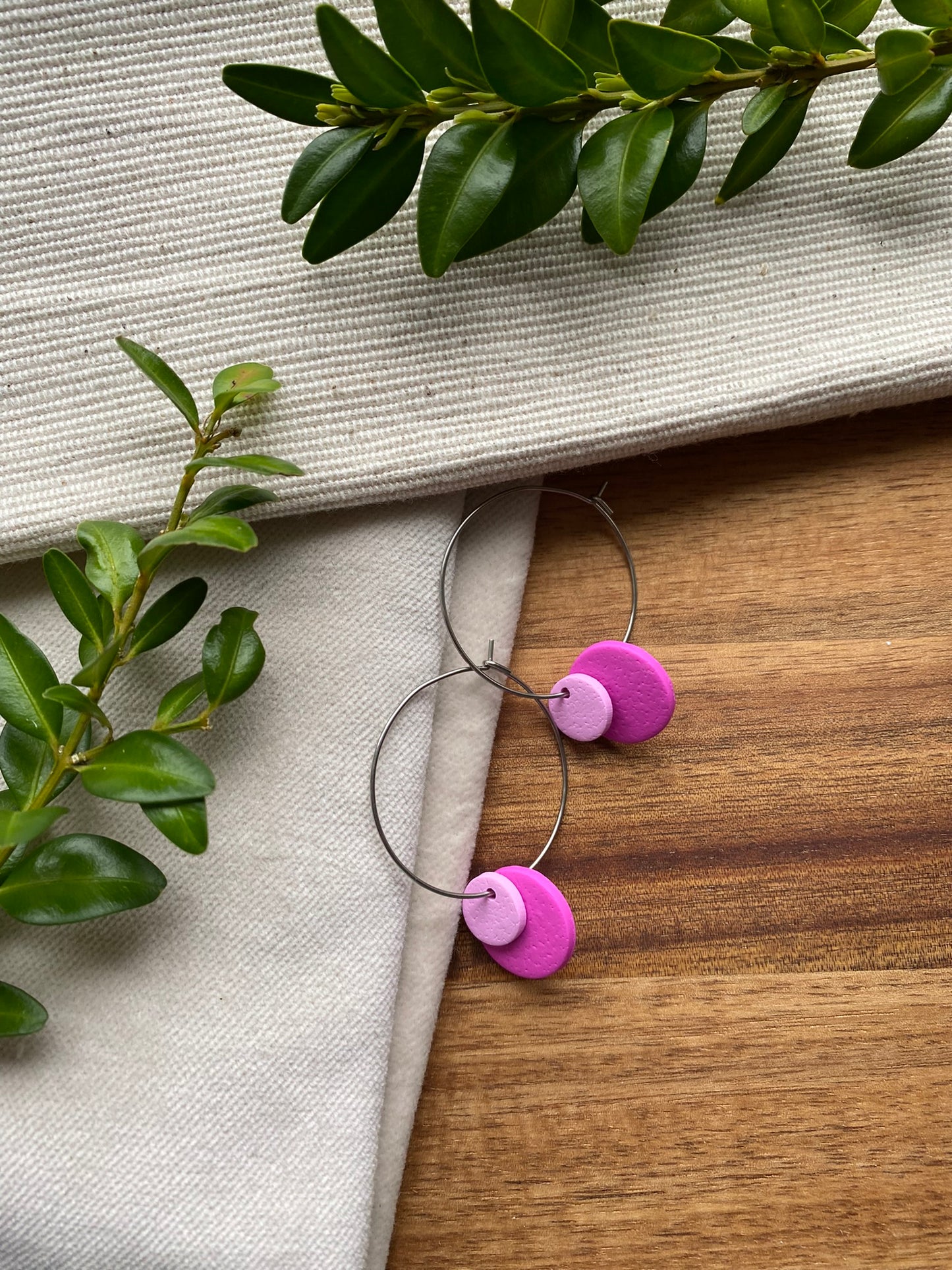 Hoops - double dots - pink tones on silver hoops