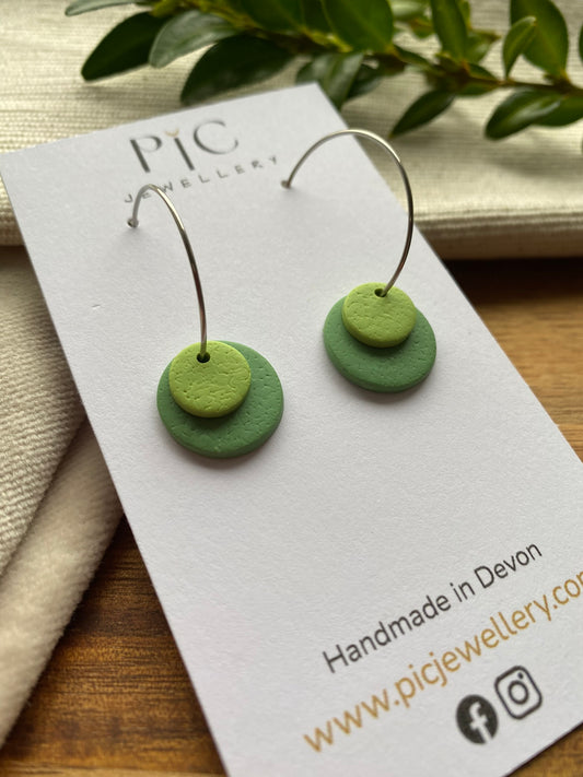 Hoops - double dots - green tones on silver hoops