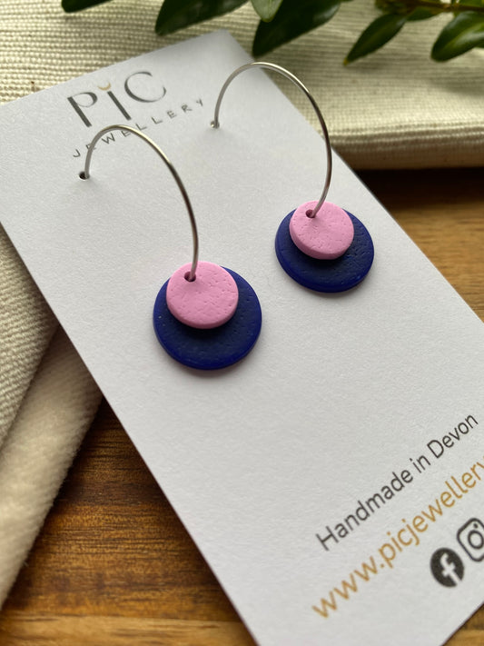 Hoops - double dots - light pink and navy blue on silver hoops